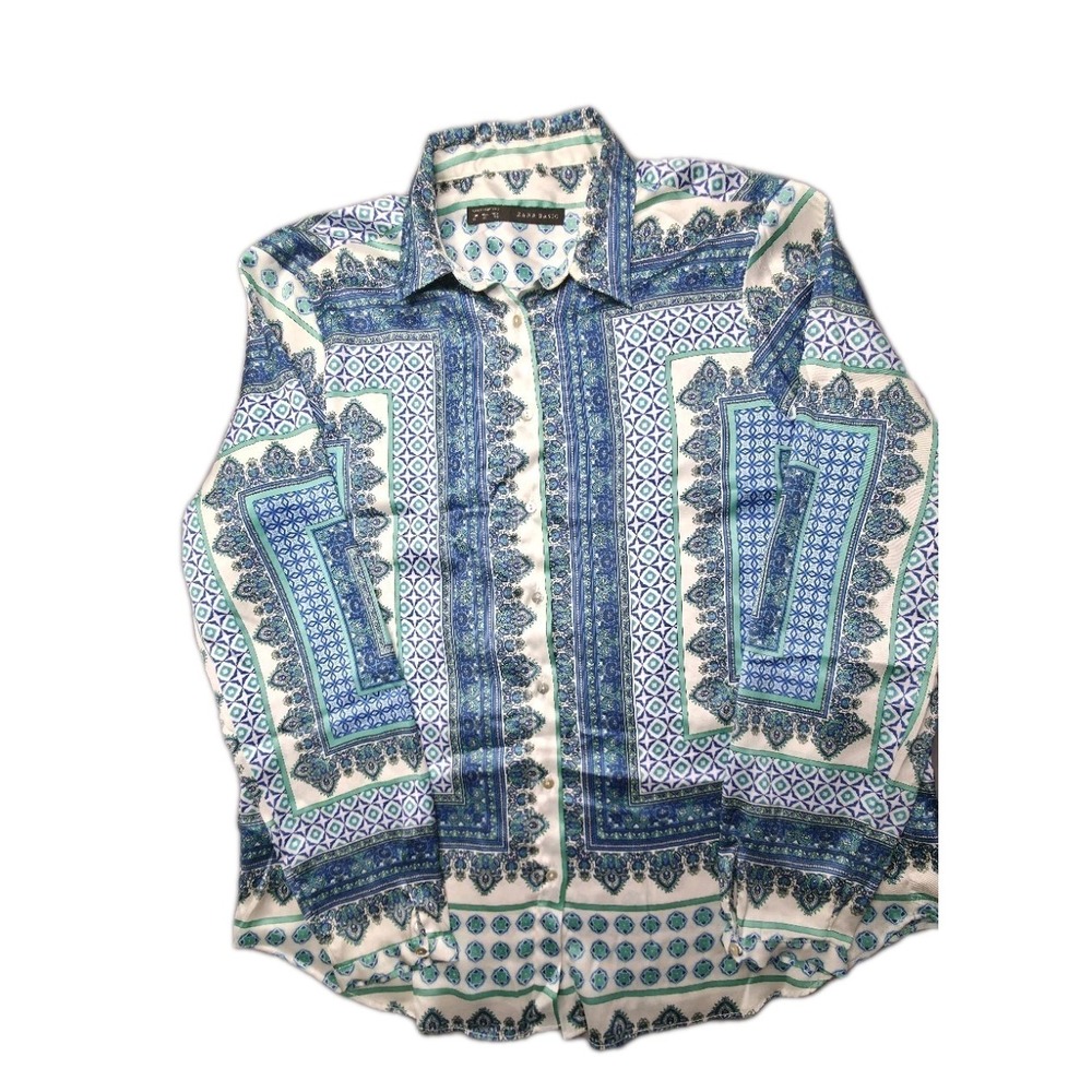 ZARA BASIC Scarf Print Button Down Shirt Women's XL Blue Green Paisley Geometric